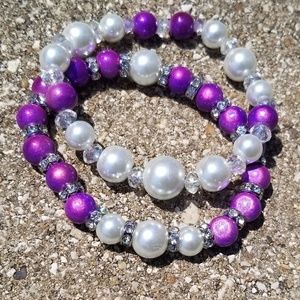 2pc Glass White Pearl & Miracle Purple Bracelets